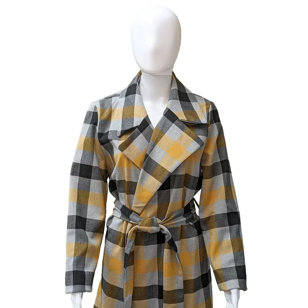 RACHEL ZOE Gray & Pumpkin Plaid Trench Coat w/ Belt - Picture 3 of 7